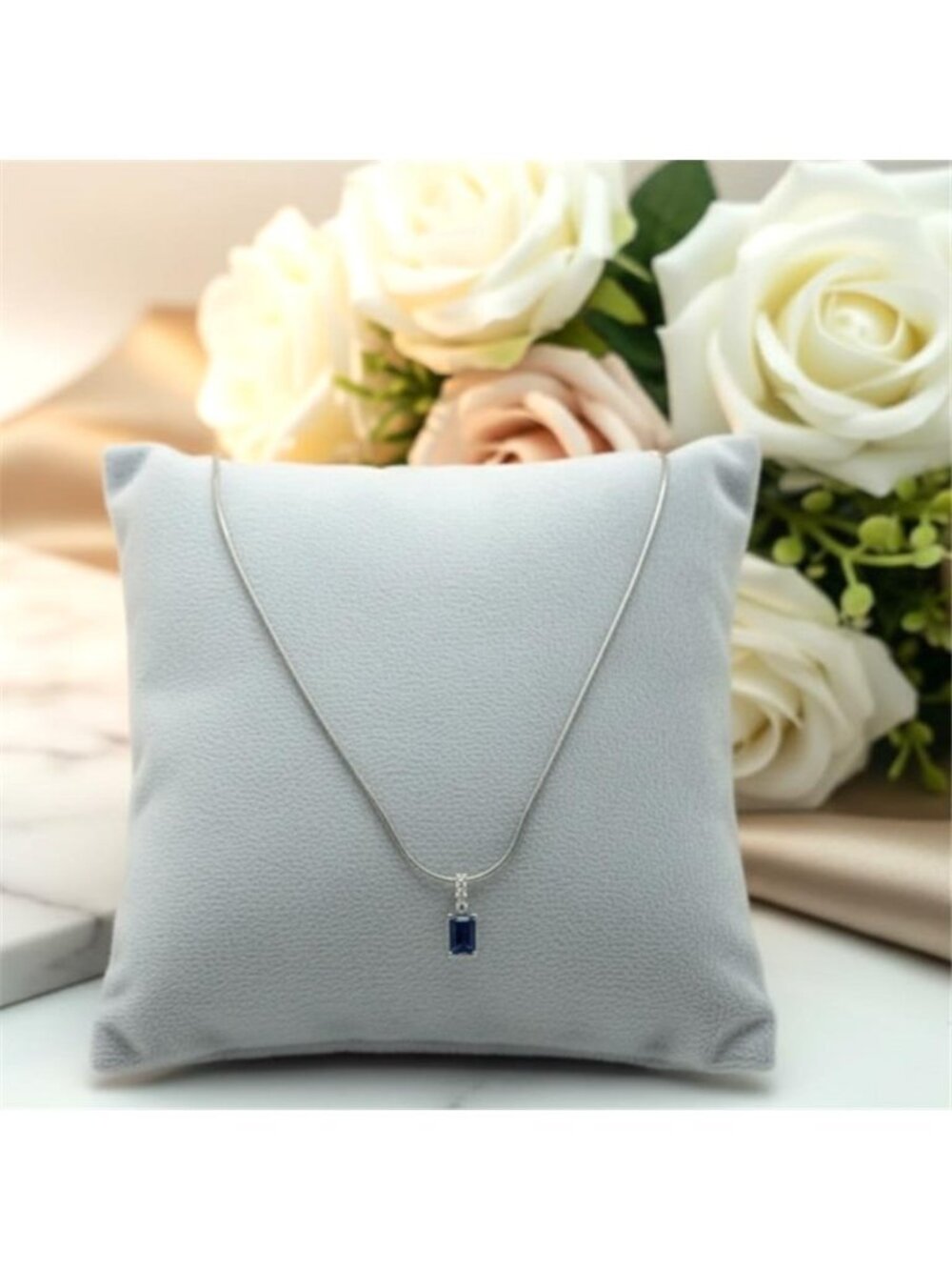 925 Sterling Silver Blue Sapphire CZ Pendant Necklace 18” Samuel Aaron